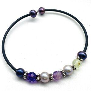 Beaded Memory Wire Bracelet Purple Beads Faux Pearls Modern Fashion Jewelry